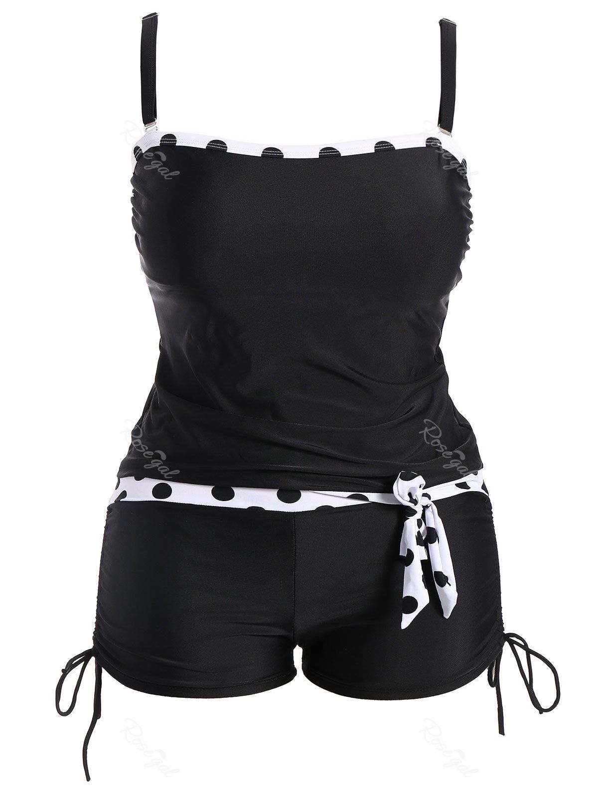 

Self Tie Polka Dot Padded Plus Size Tankini, Black