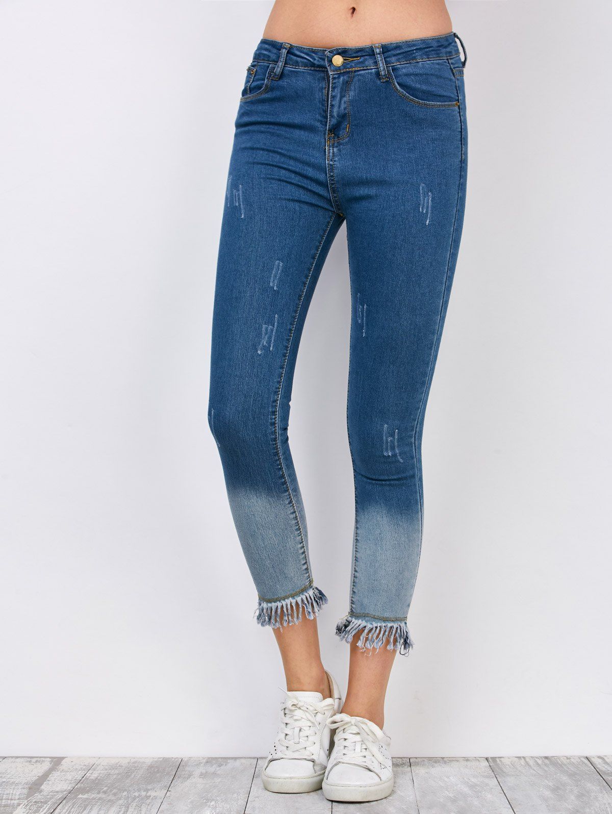 Chic Ombre Frayed Hem Skinny Jeans  