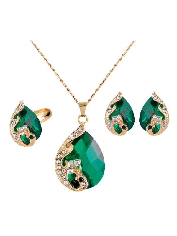 

A Suit of Retro Rhinestone Faux Crystal Peacock Necklace Ring and Earrings, Green