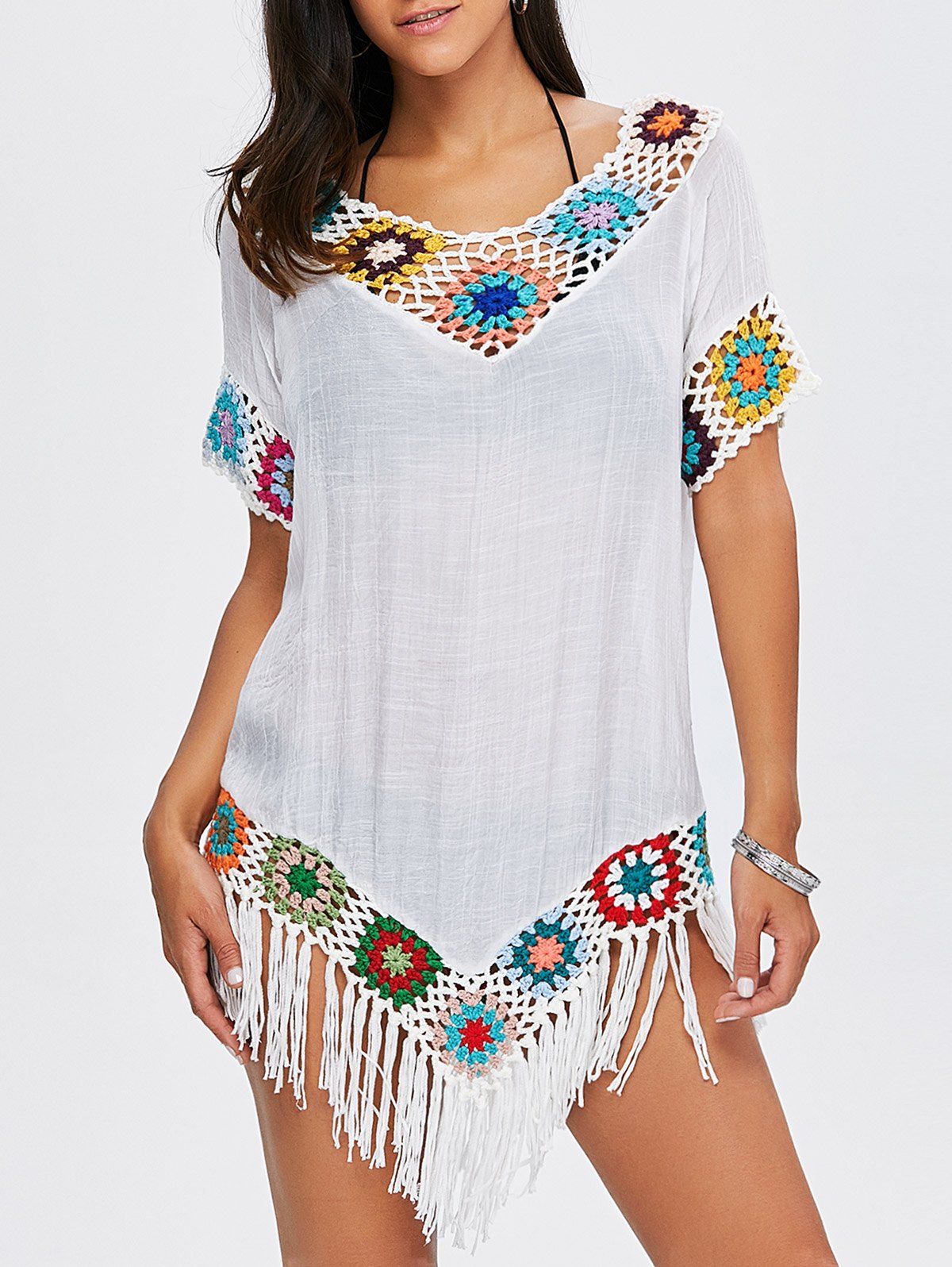 2018 Flower Crochet Tassel Flowy Tunic Coverup In White One Size