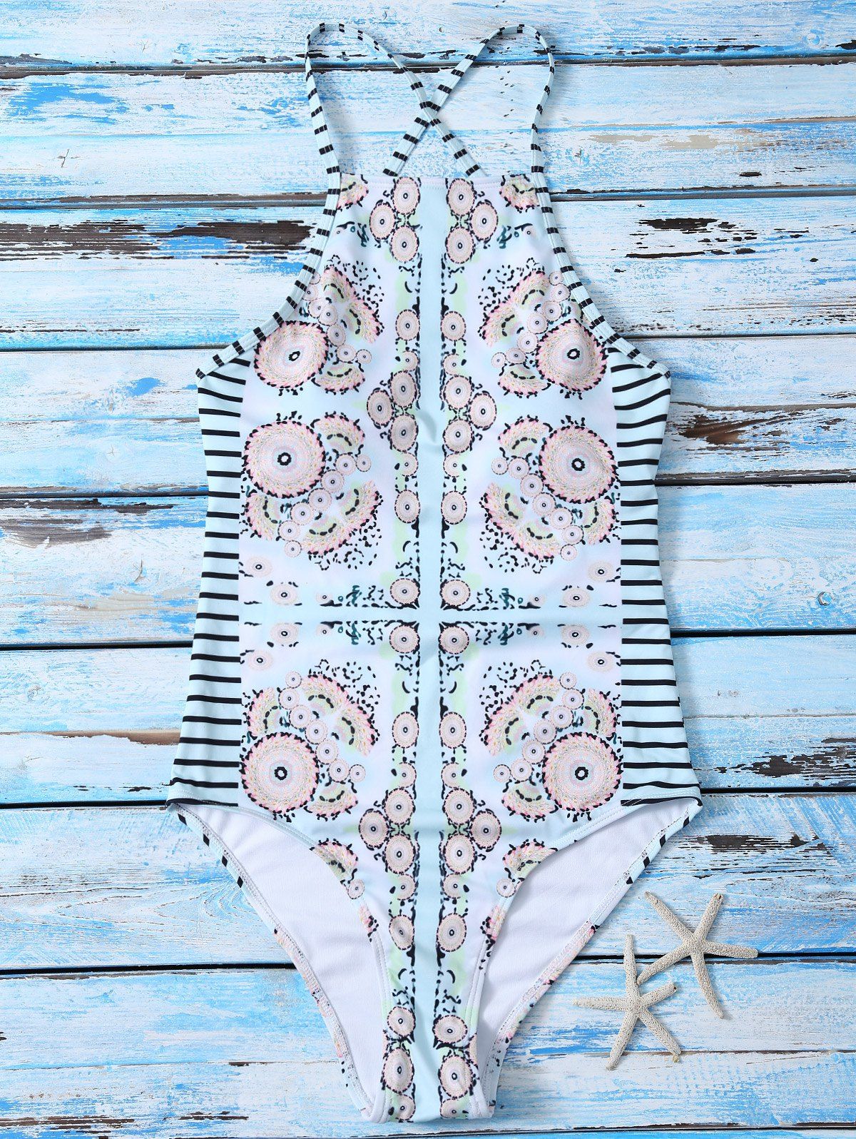 [22 OFF] Cute High Neck Printed Cut Out Swimsuit Rosegal