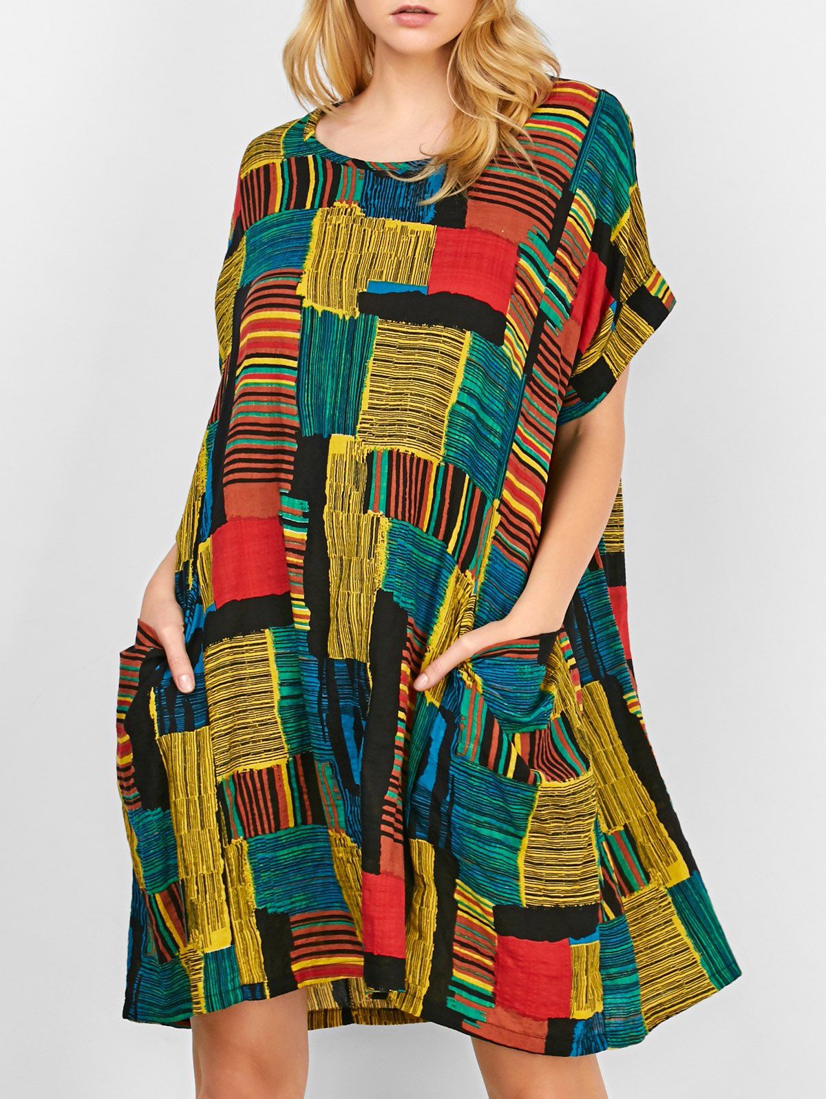 [10 OFF] Casual Short Sleeve Printed Pocket Dress Rosegal