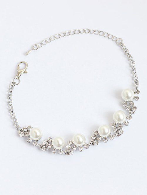 

Faux Pearls Rhinestone Embellished Chain Bracelet, Silver