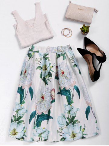 WHITE Floral Print High Waist A Line Skirt ONE SIZE Shop Floral Print High Waist A Line Skirt WHITE ONE SIZE