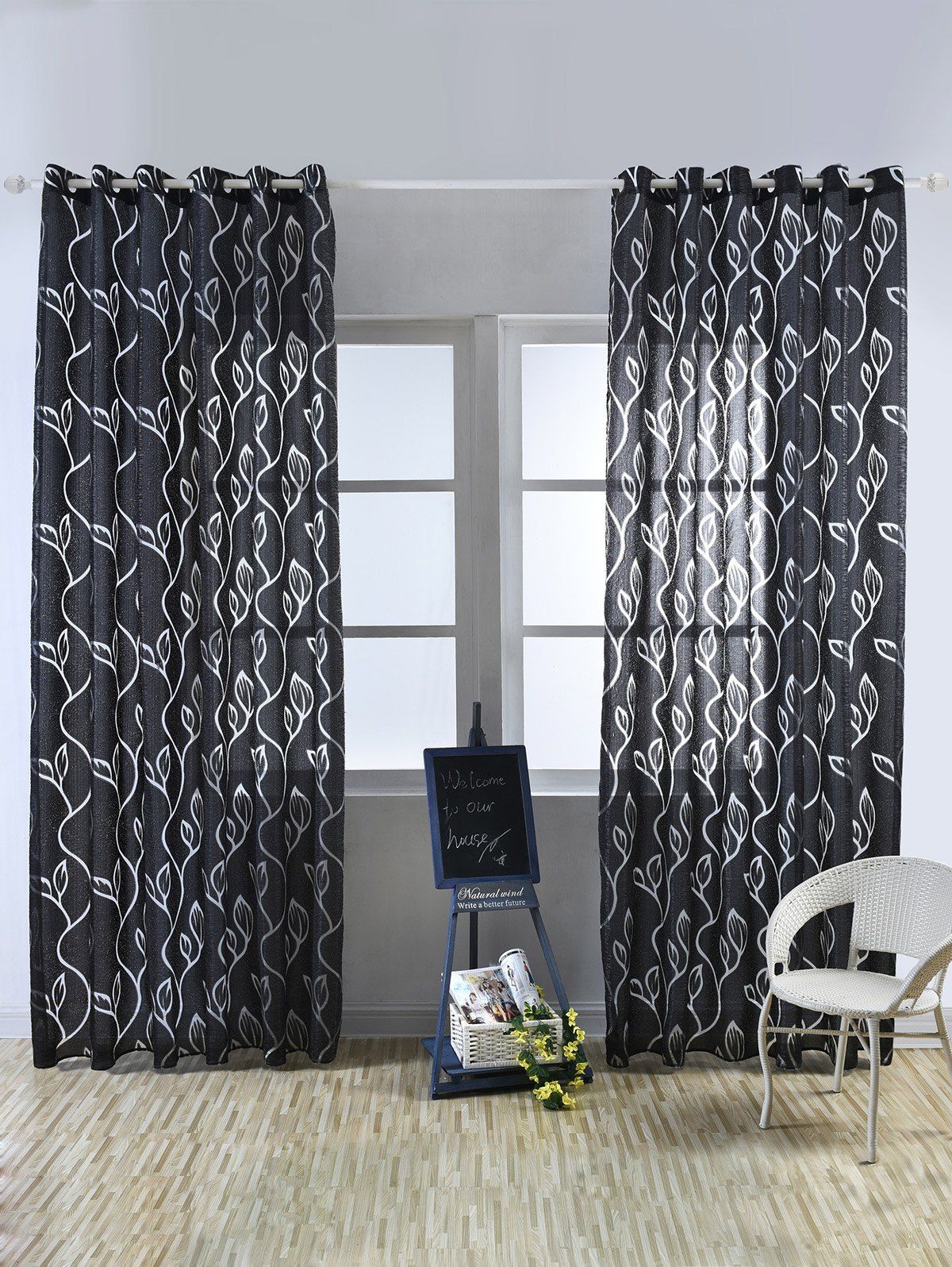 

Window Shading Leaf Embroider Tulle Curtain, Black