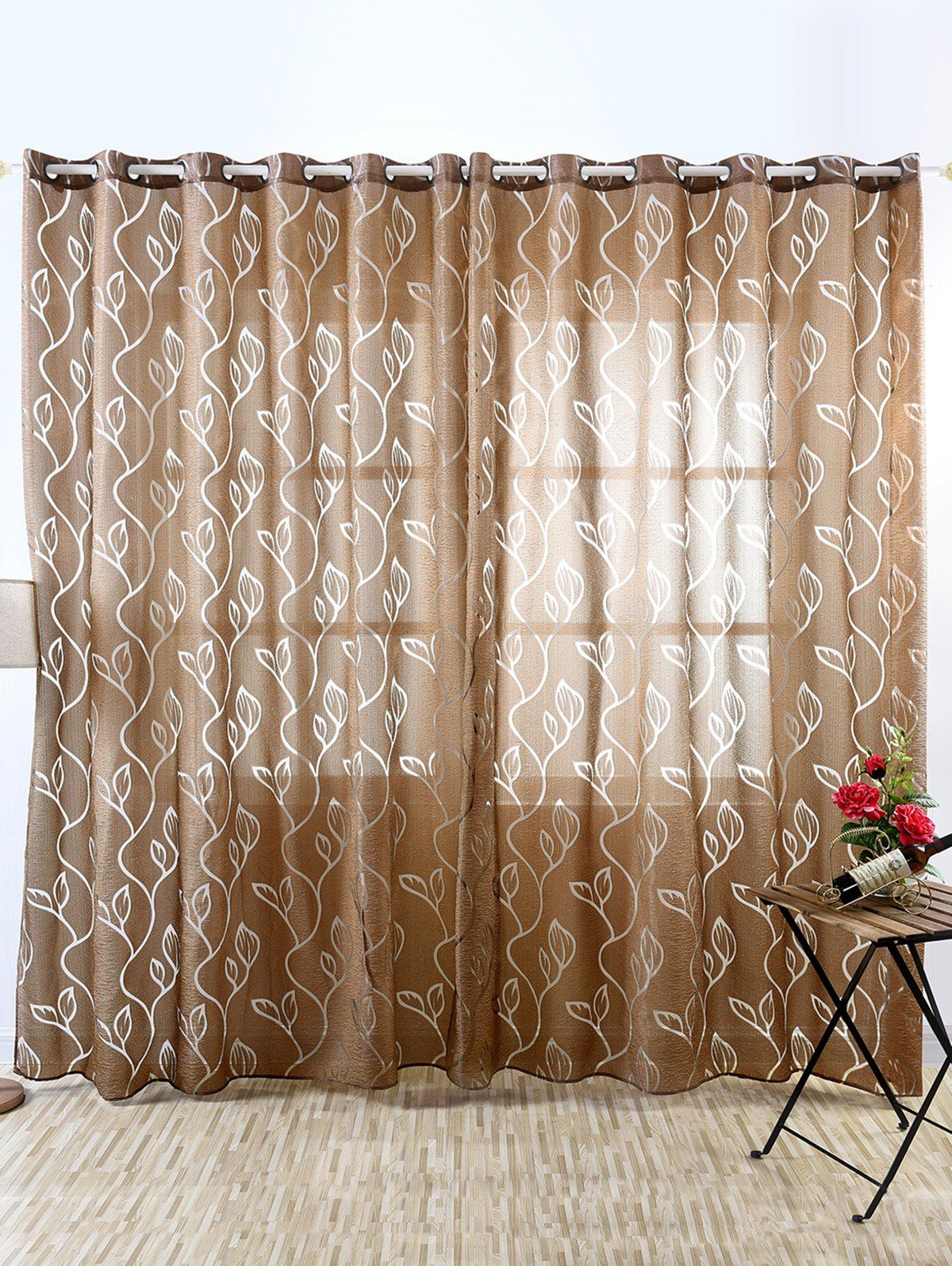 

Window Shading Leaf Embroider Tulle Curtain, Coffee