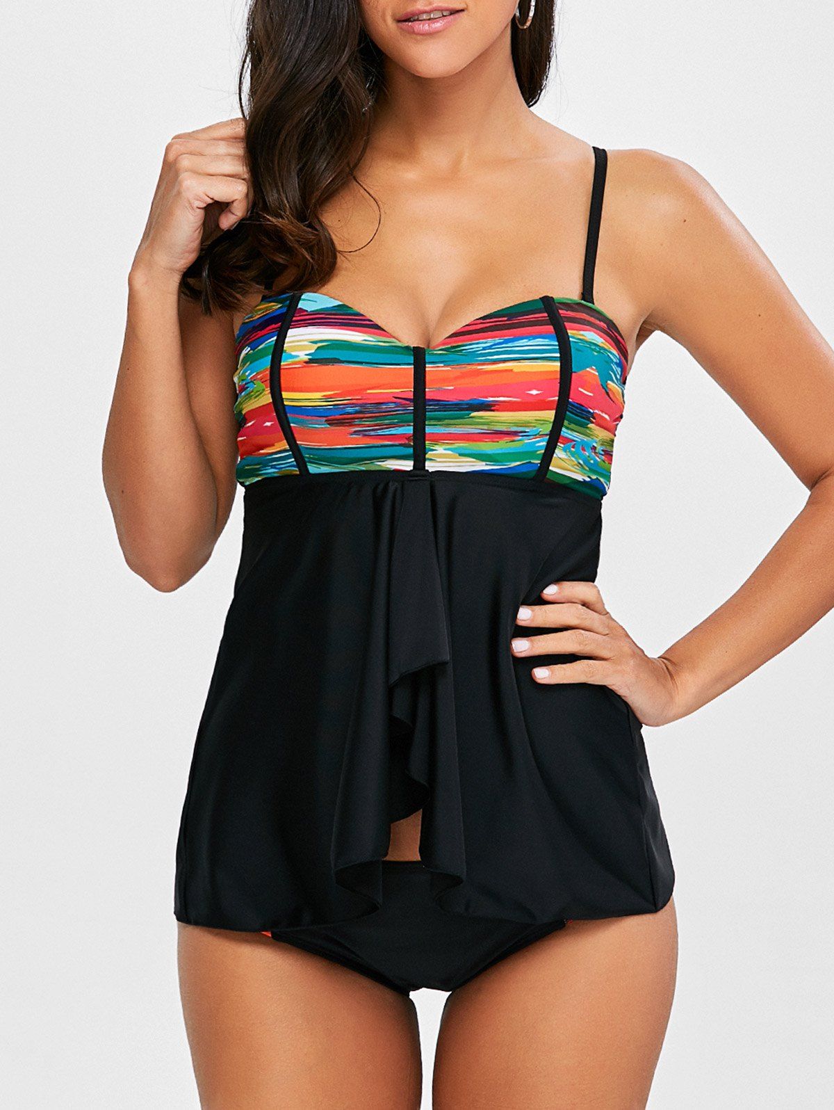 Off Printed Spaghetti Strap Blouson Tankini With Underwire Rosegal