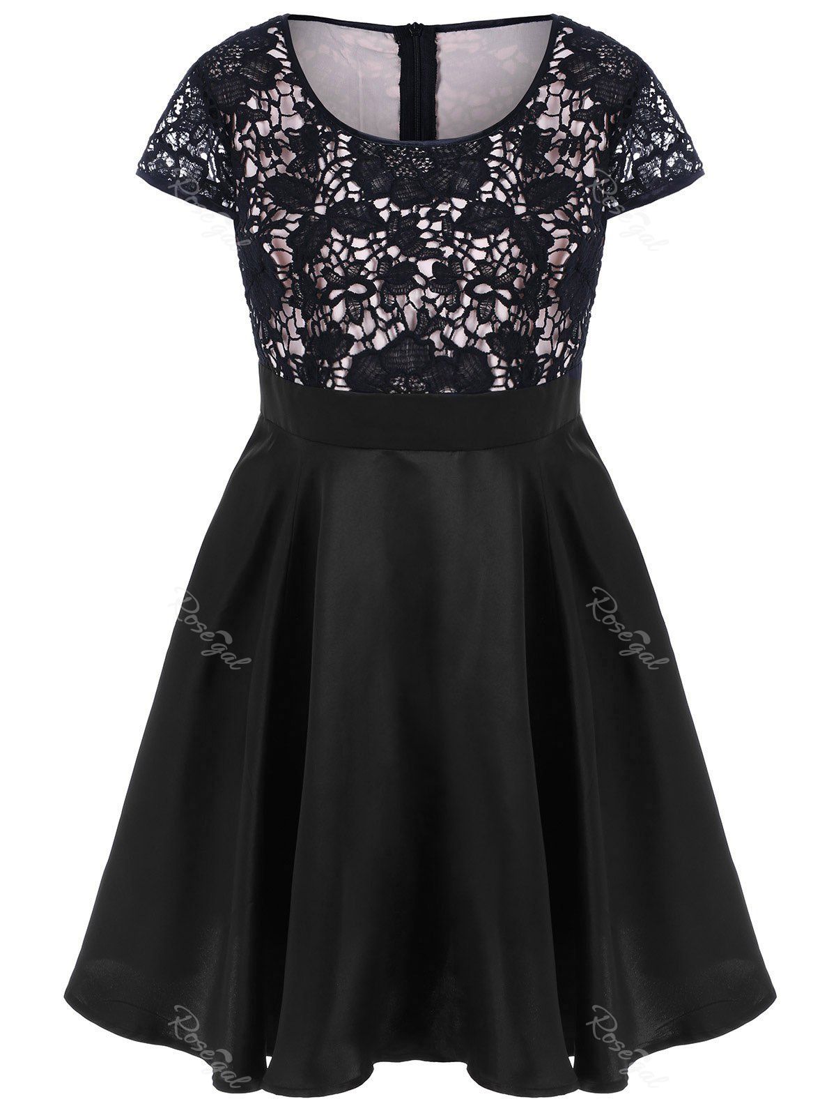 

Plus Size Lace Trim Cap Sleeve Dress, Black