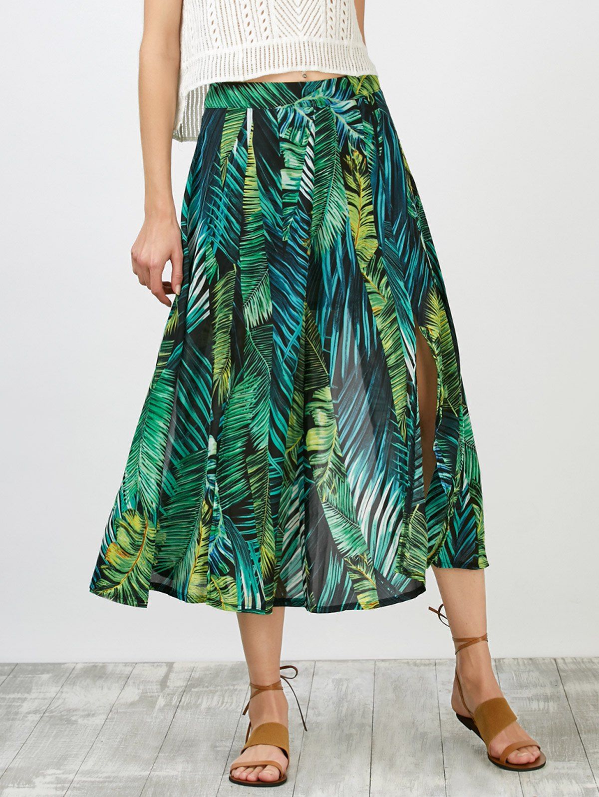 [55 OFF] High Waisted Leaf Print Slit Skirt Rosegal