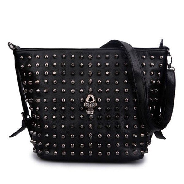

Rivets and Skull Detail Shoulder Bag, Black