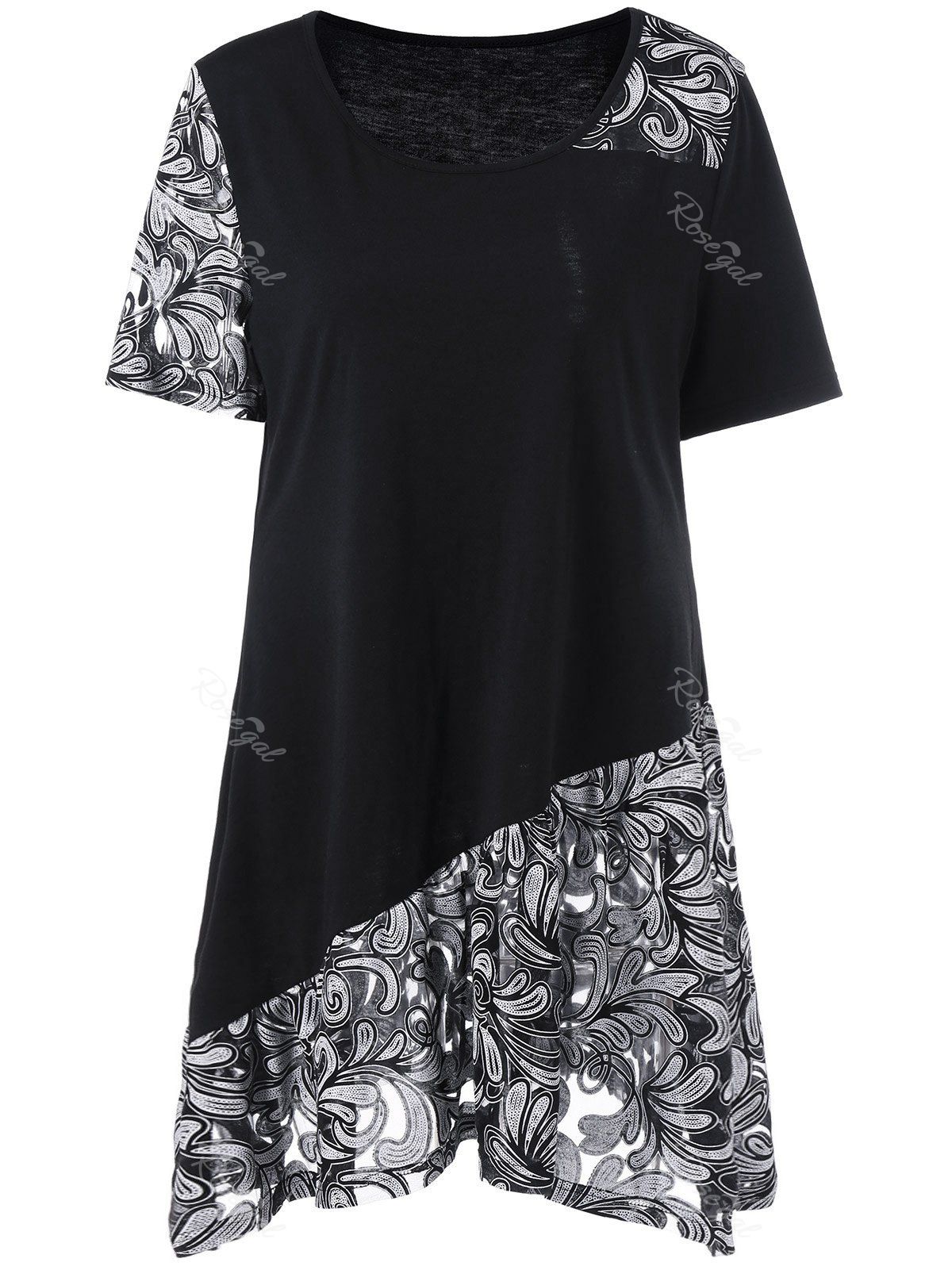 [30 OFF] Plus Size Paisley Trim Longline TShirt Rosegal
