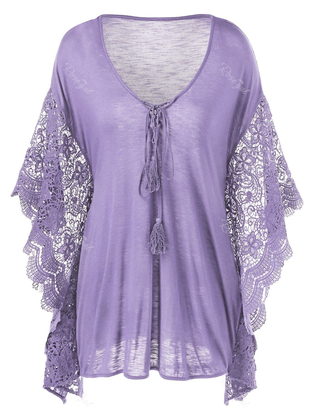 Crochet Panel Butterfly Sleeve Black Blouse