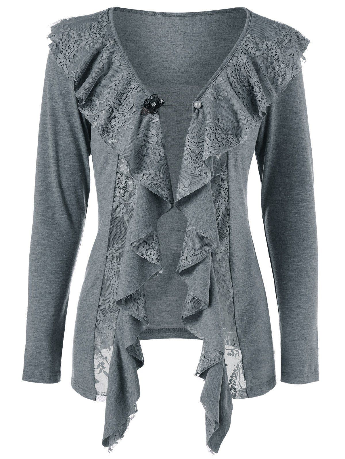 Gray M Lace Insert Cardigan With Brooch