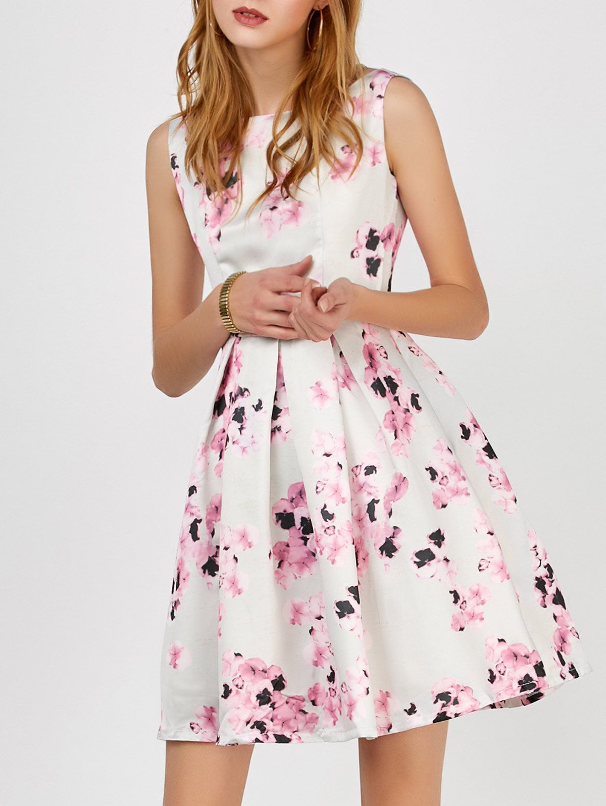 White Xl Boat Neck Floral Fit And Flare Dress
