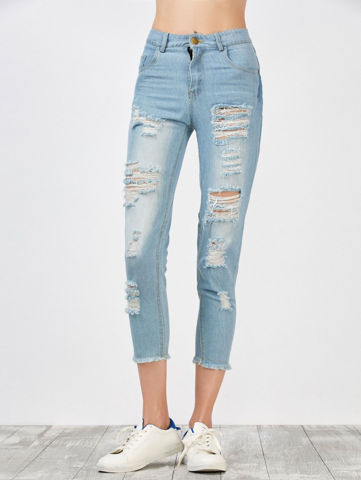 [22% OFF] Broken Hole Fringed Jeans | Rosegal