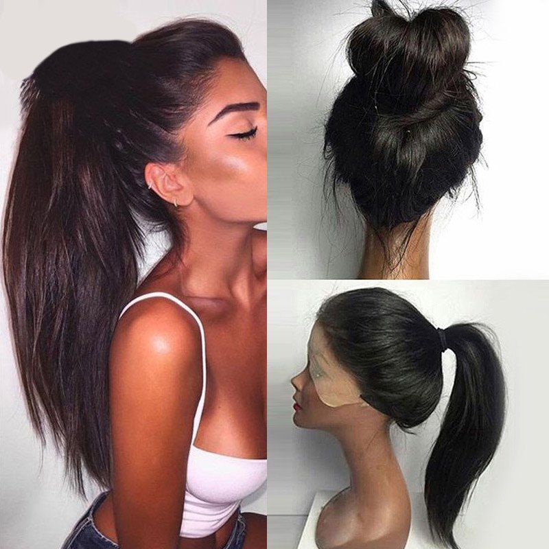 

Long Ponytails Straight Lace Front Synthetic Wig, Black