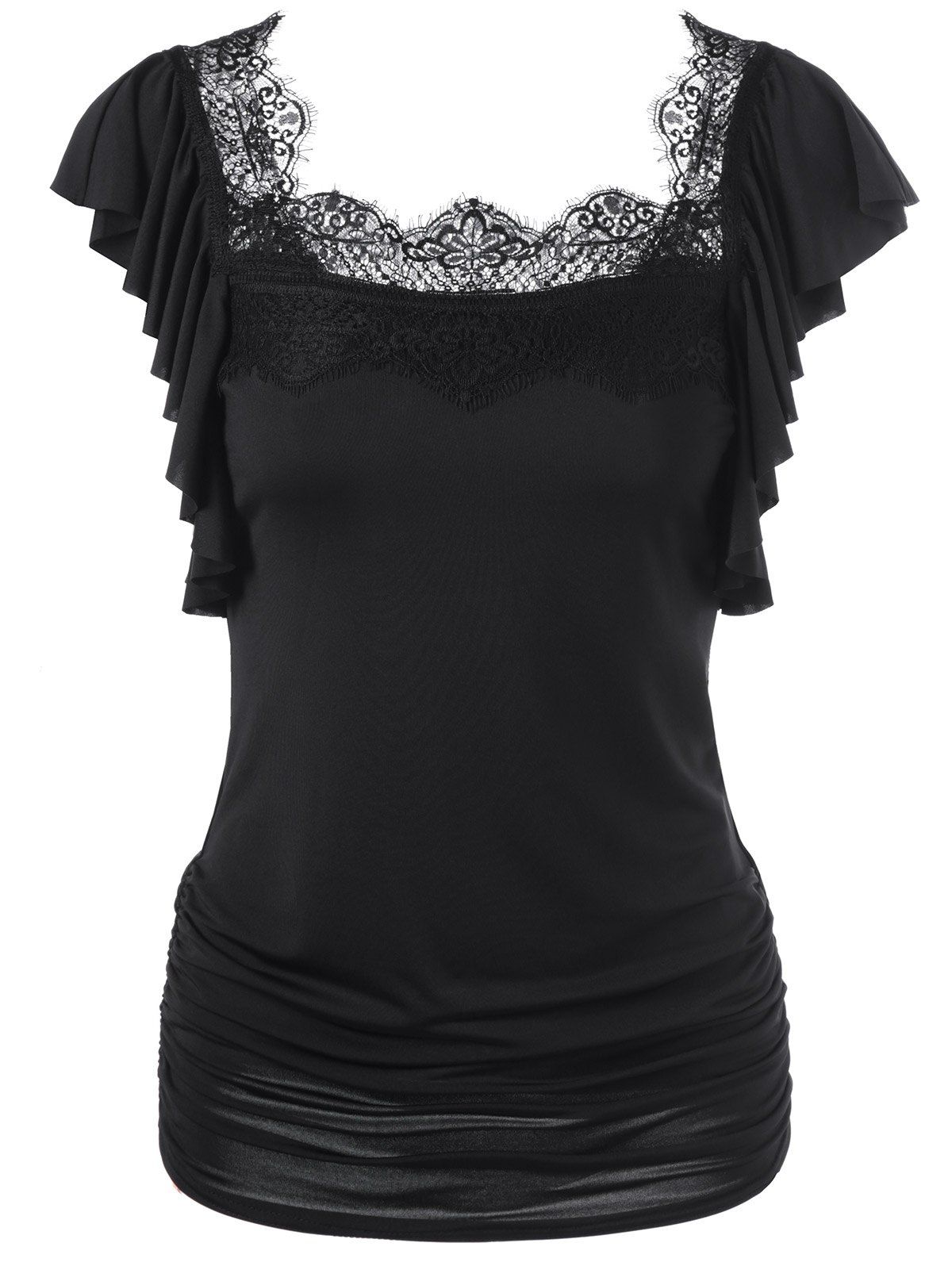 [33% OFF] Butterfly Sleeve Lace Trim Ruched T-Shirt  Rosegal