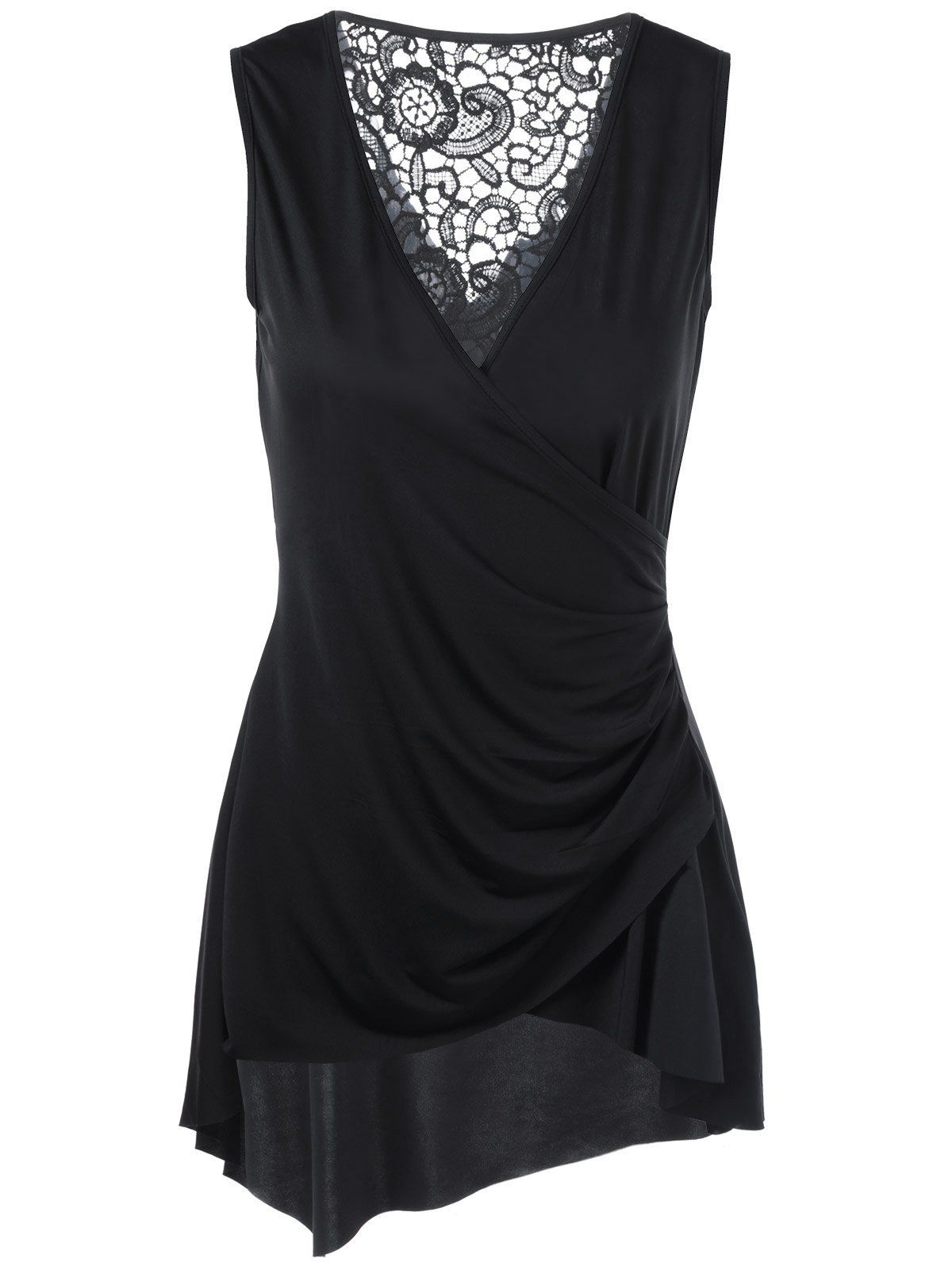 2018 Sleeveless Lace Trim Asymmetrical Surplice Blouse In Black L ...