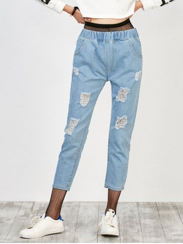 elastic waist distressed jeans