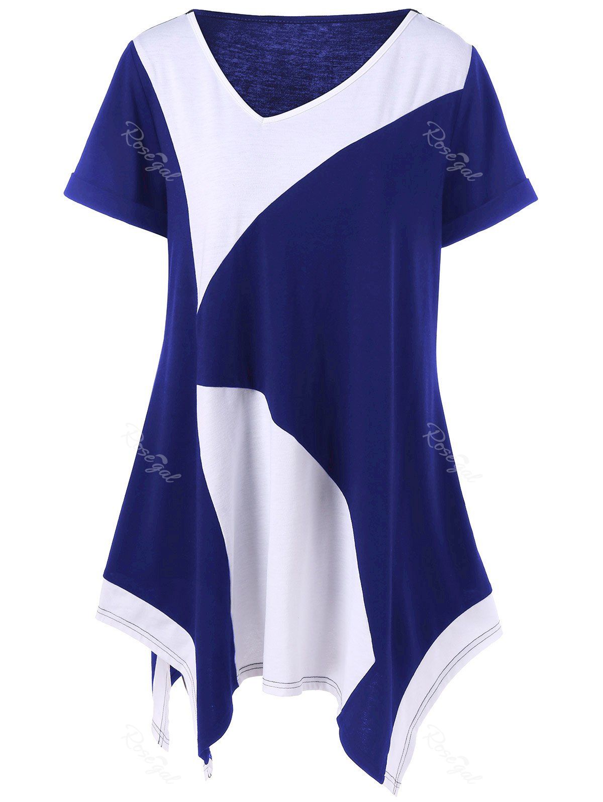 

Plus Size Long Cuffed Sleeve Asymmetrical T-Shirt, Blue and white
