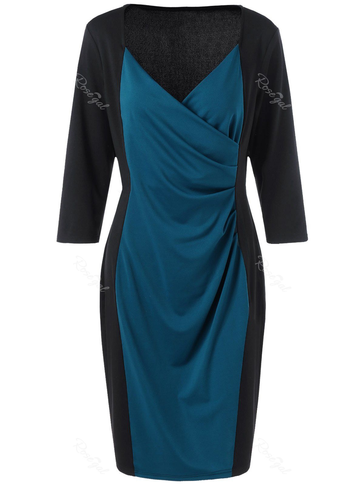 

Plus Size V Neck Sheath Surplice Dress, Blue and black