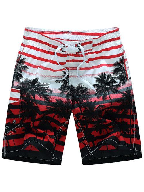 

Coconut Tree Print Striped Board Shorts, Red