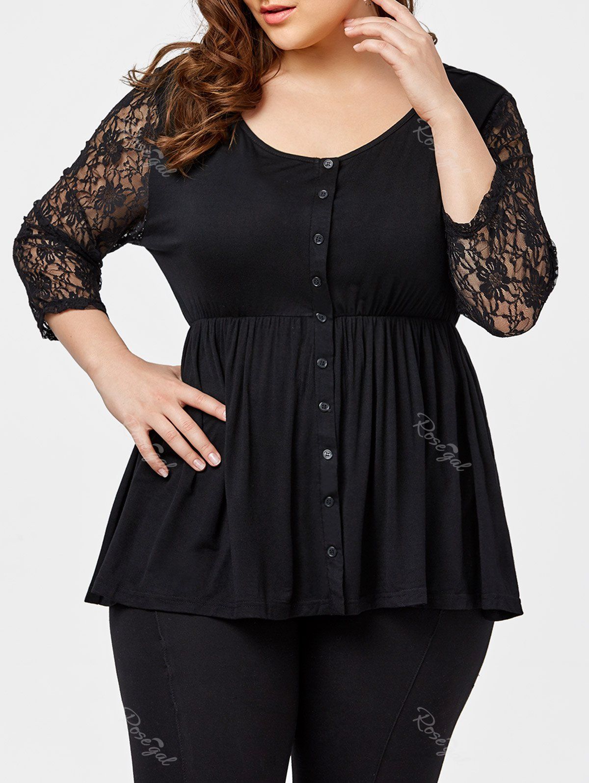 Chic Plus Size Button Lace Insert Swing Top  