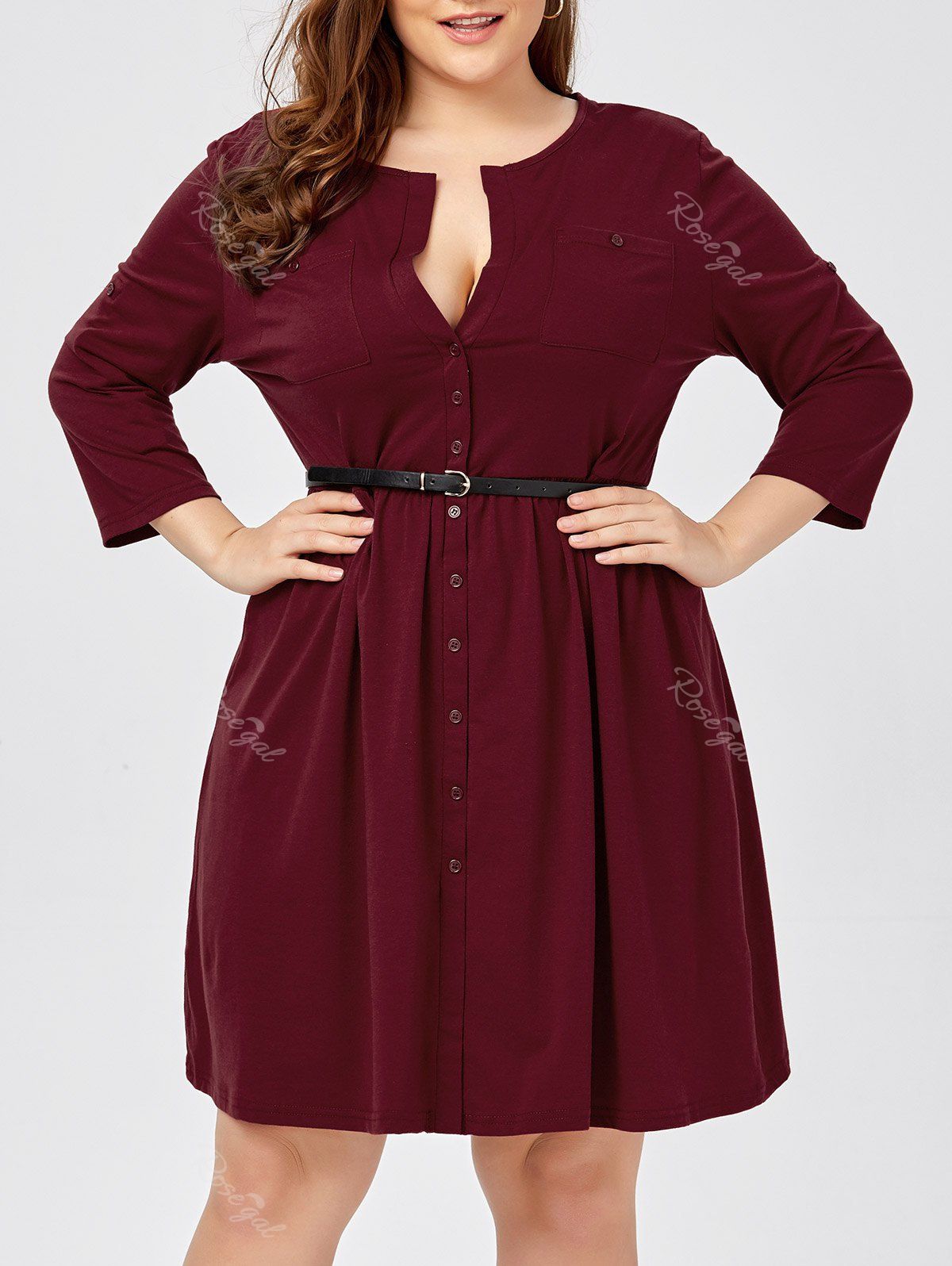 Outfits Plus Size Long Sleeve Button Down Shirt Dress with Belt  