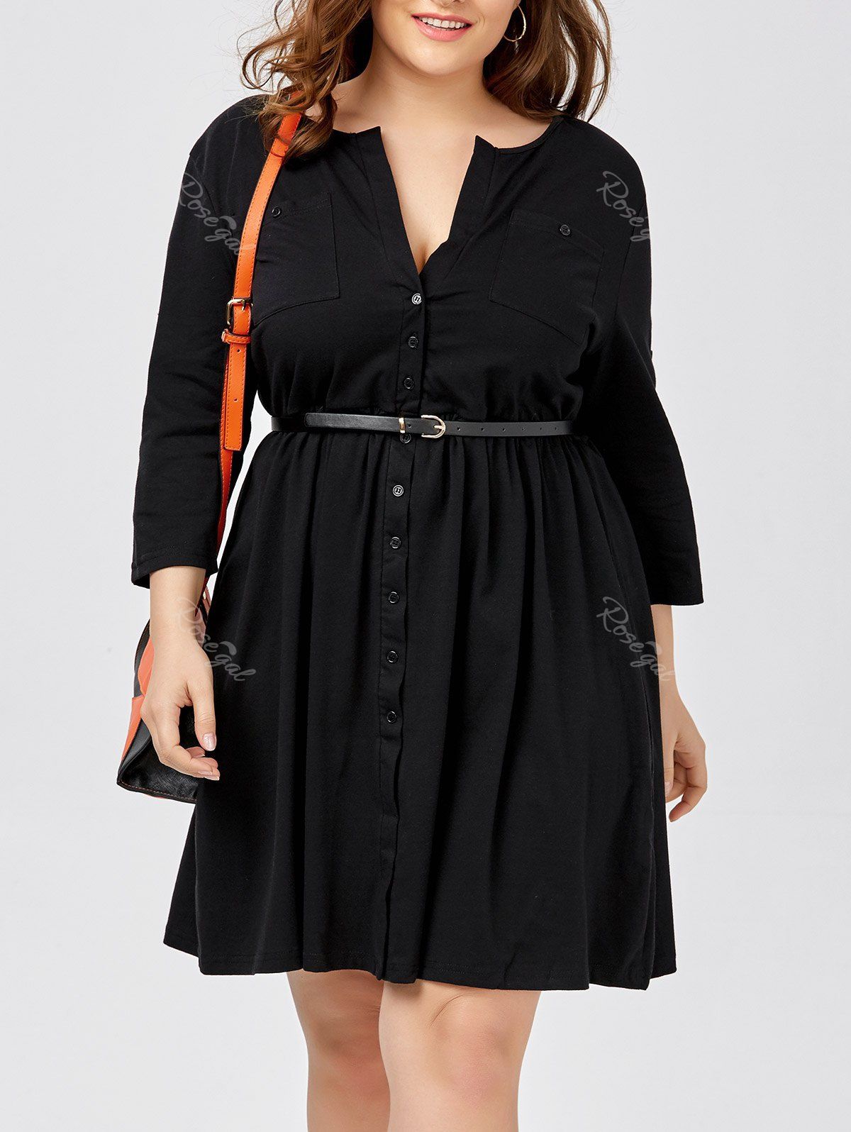Trendy Plus Size Long Sleeve Button Down Shirt Dress with Belt  
