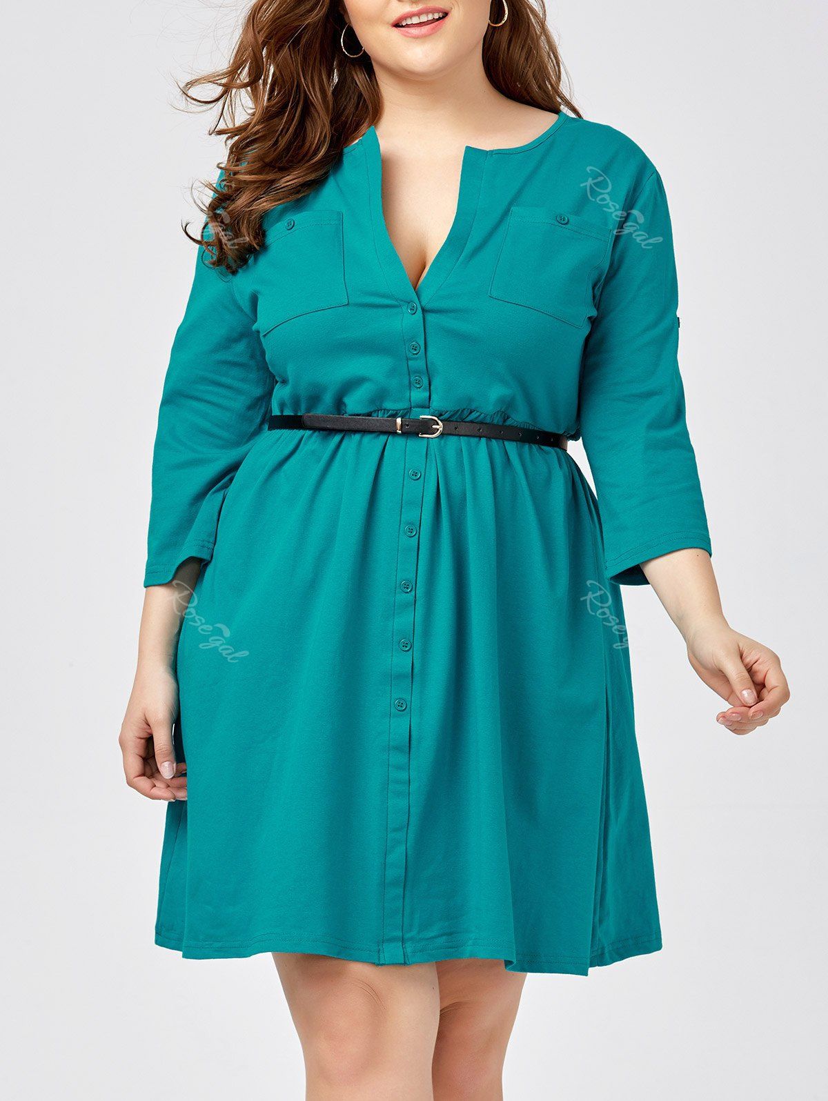 Outfit Plus Size Long Sleeve Button Down Shirt Dress with Belt  