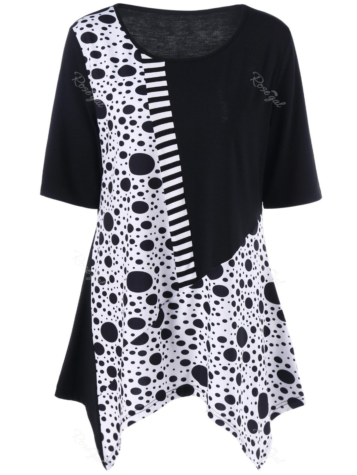 

Plus Size Polka Dot Panel Asymmetric T-Shirt, White and black