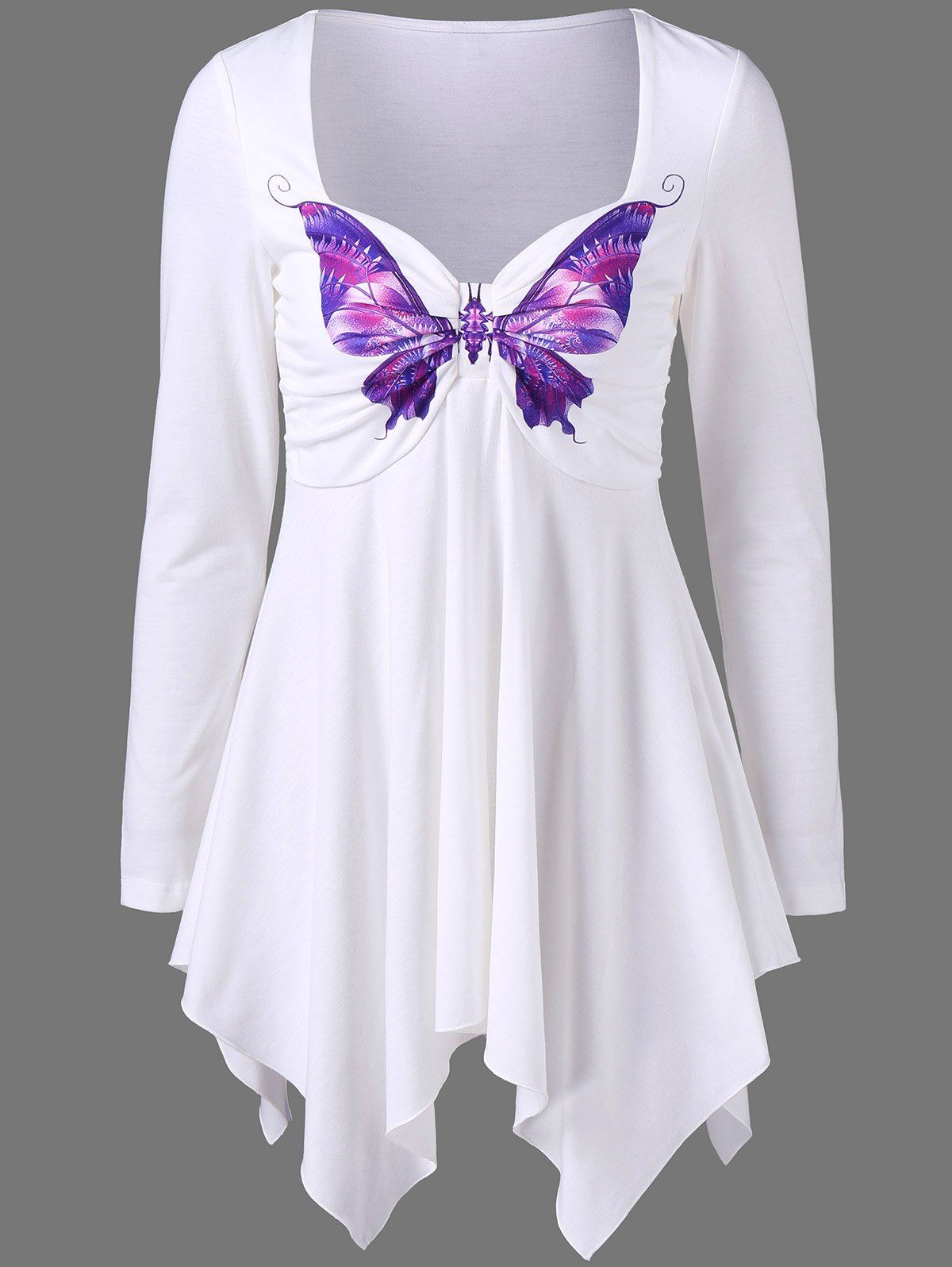 26 Off Long Sleeve Butterfly Print Empire Waist Asymmetrical T Shirt Rosegal 9952