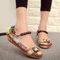 Floral Print Beading Flat Shoes