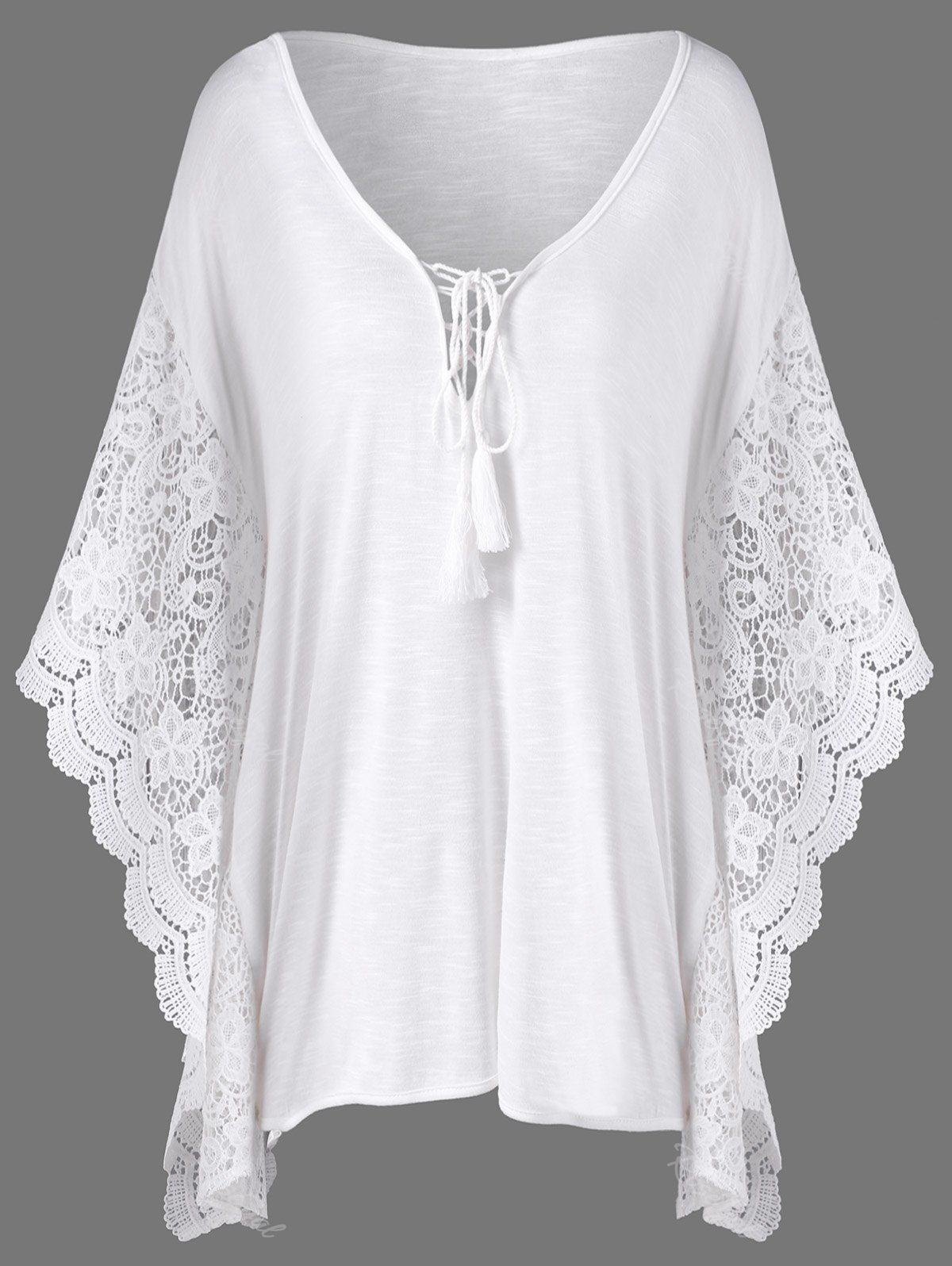 [30% OFF] Plus Size Butterfly Sleeve Crochet Trim Blouse Lace Tops ...