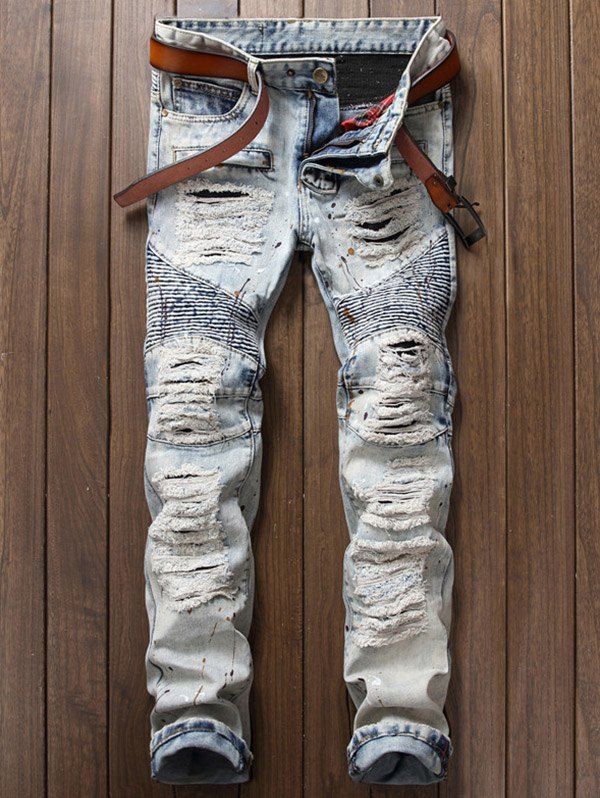 [39% OFF] Paint Splatter Ripped Biker Jeans | Rosegal