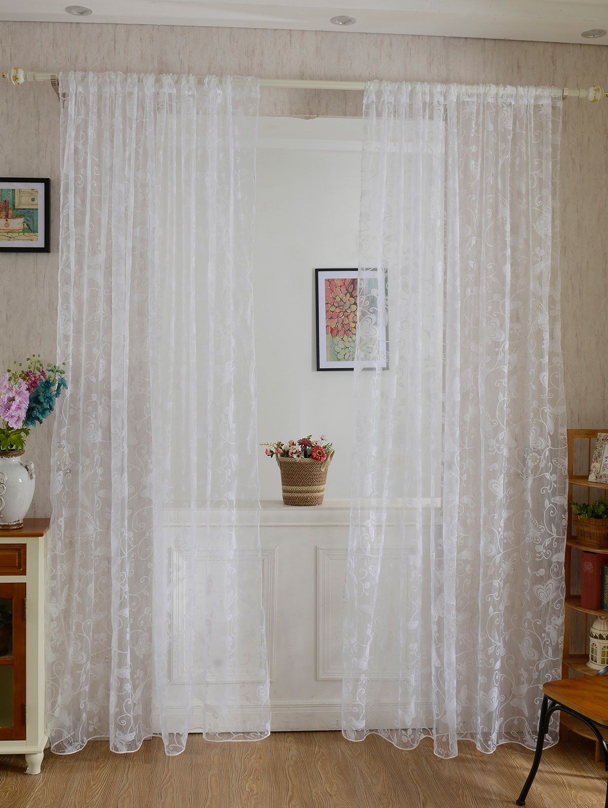 

2 Panels Butterflies Embroidery Window Sheer Tulle Curtain, White