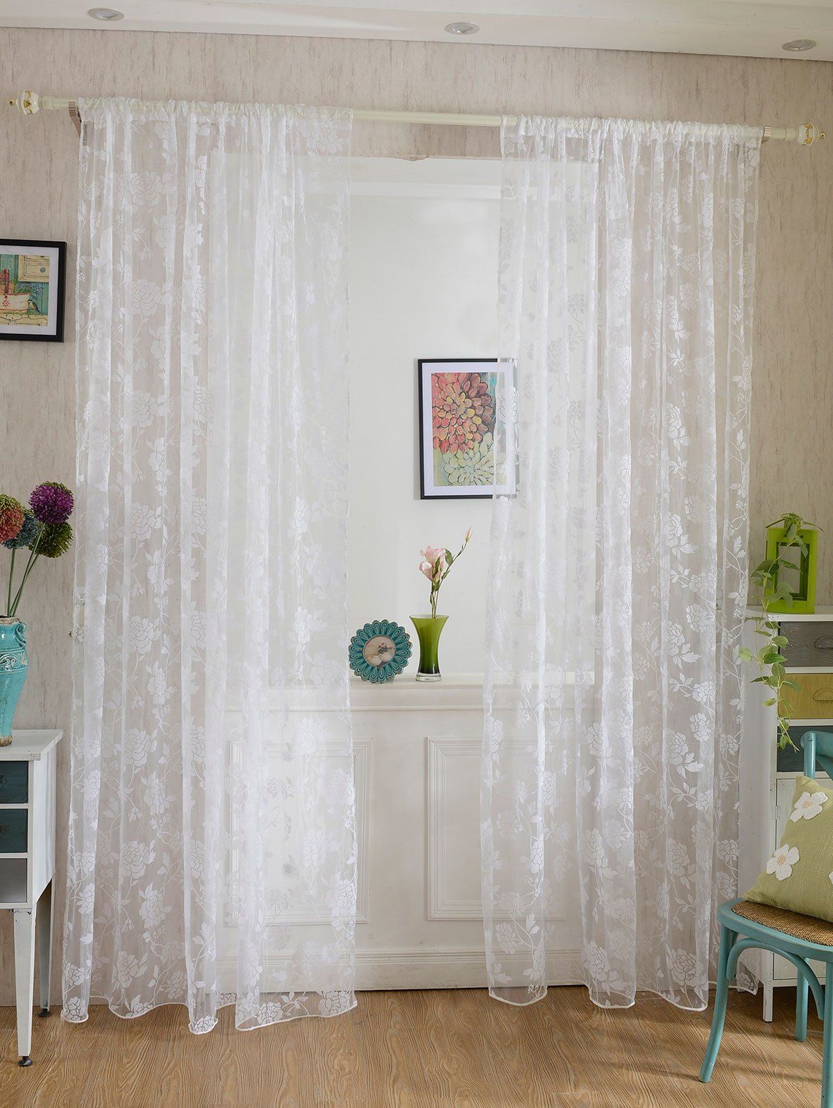 

2Pcs/Set Rose Sheer Tulle Fabric Curtain For Bedroom, White
