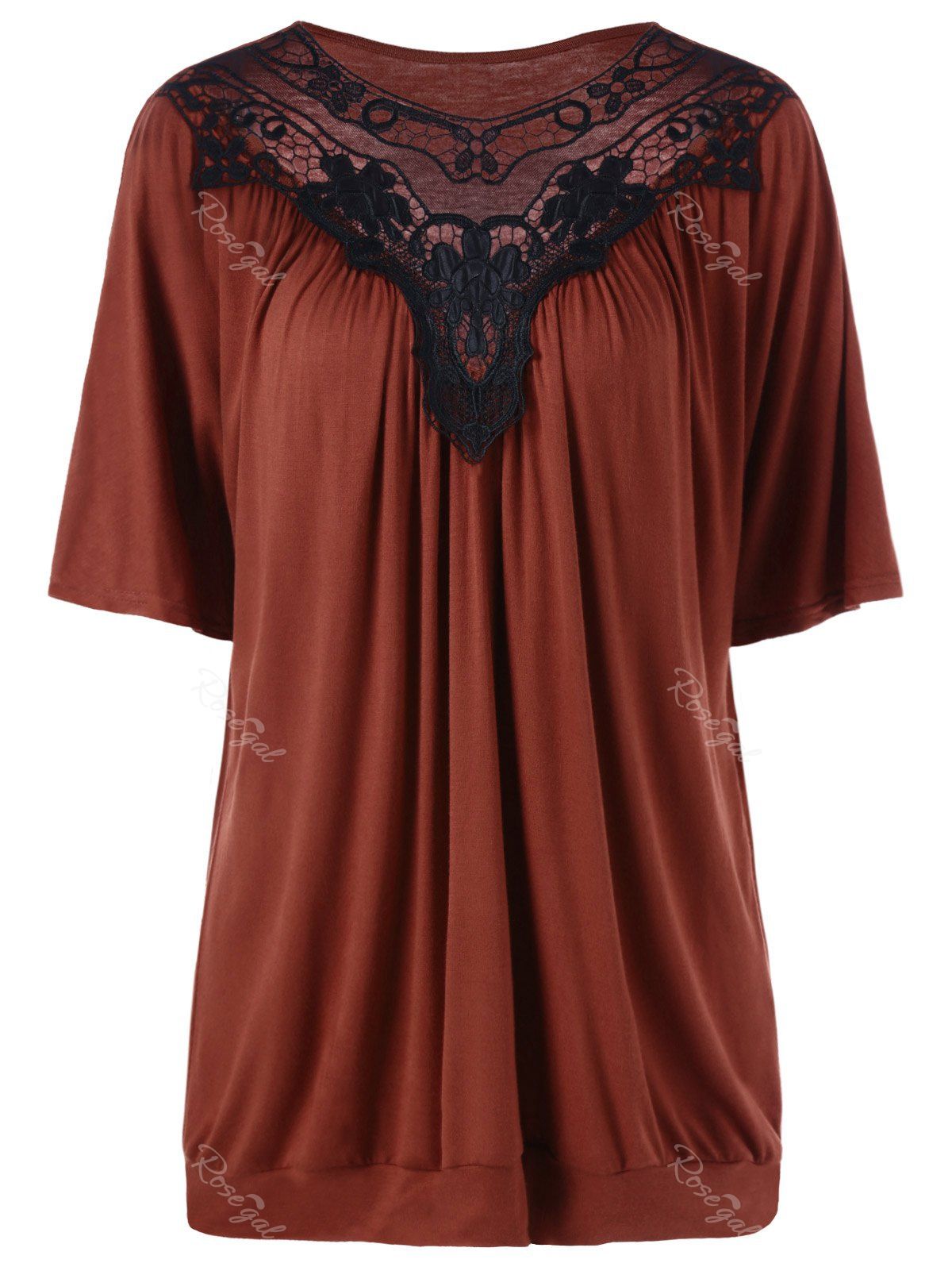 

Plus Size Lace Panel Long T-Shirt, Spice