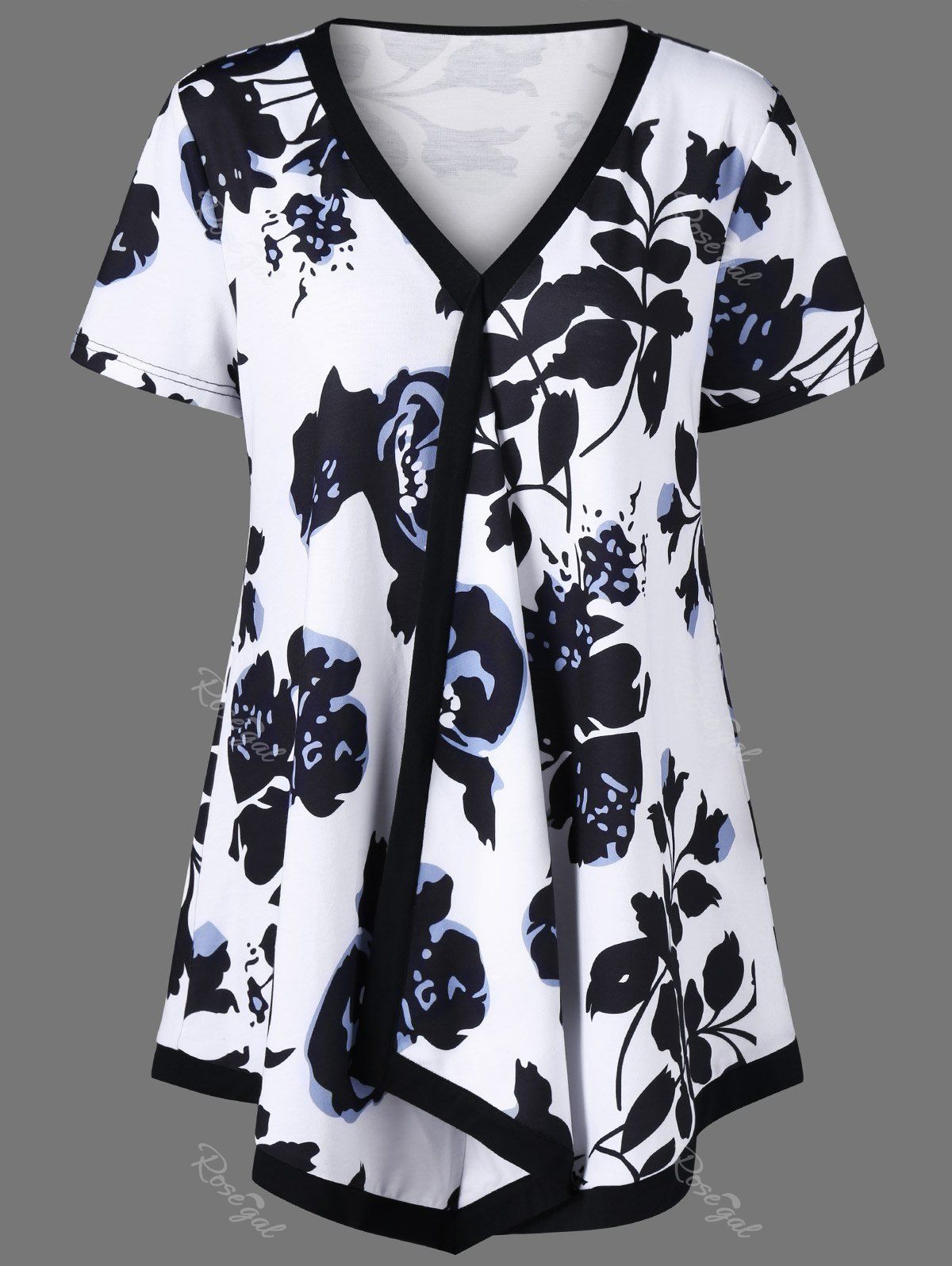 

Plus Size Plant Print Longline Ringer T-Shirt, White and black