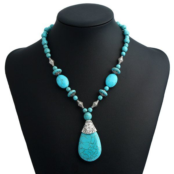 

Bohemian Tear Drop Faux Turquoise Beaded Pendant Necklace, Turquoise blue