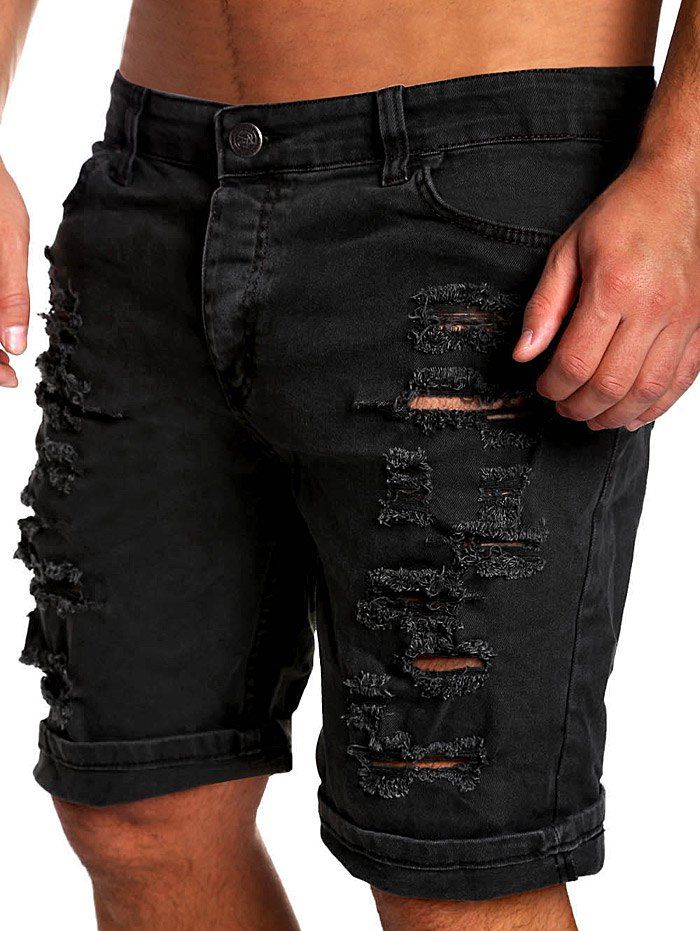 

Zipper Fly Straight Leg Distressed Shorts, Black