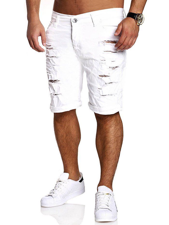 

Zipper Fly Straight Leg Distressed Shorts, White