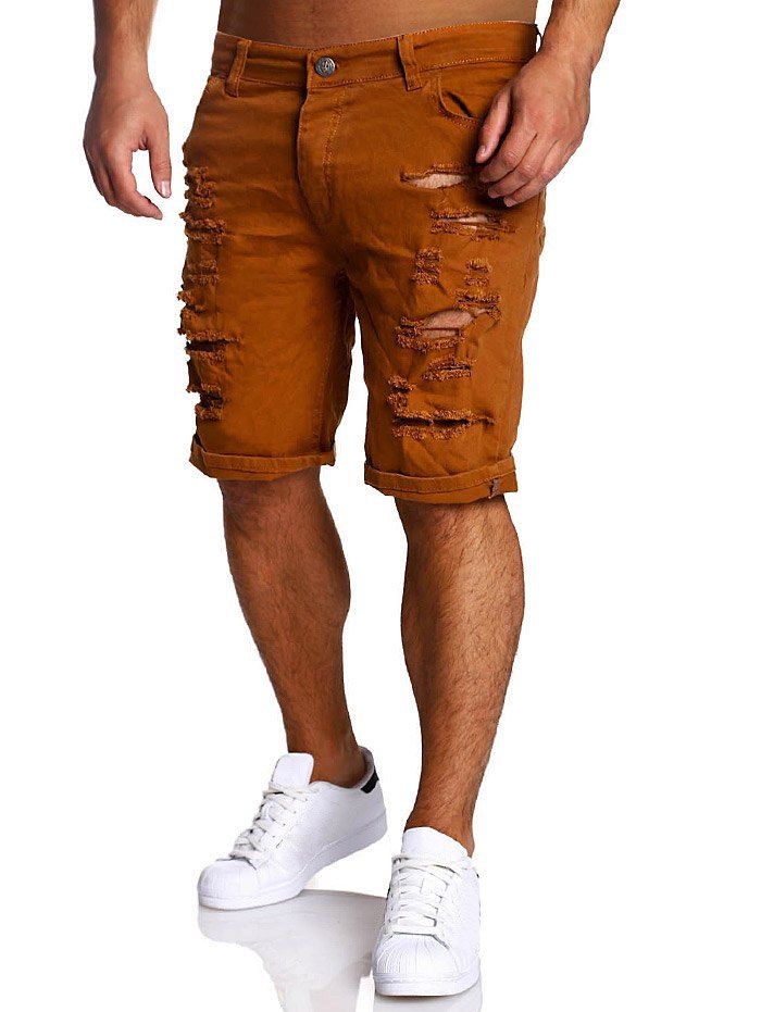 

Zipper Fly Straight Leg Distressed Shorts, Coffee