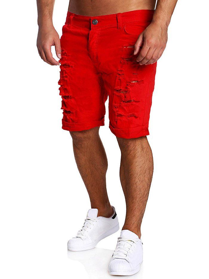 

Zipper Fly Straight Leg Distressed Shorts, Red