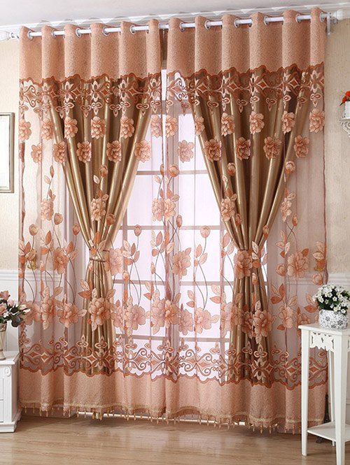 

1Pcs Grommet Roller Floral Window Tulle, Light coffee