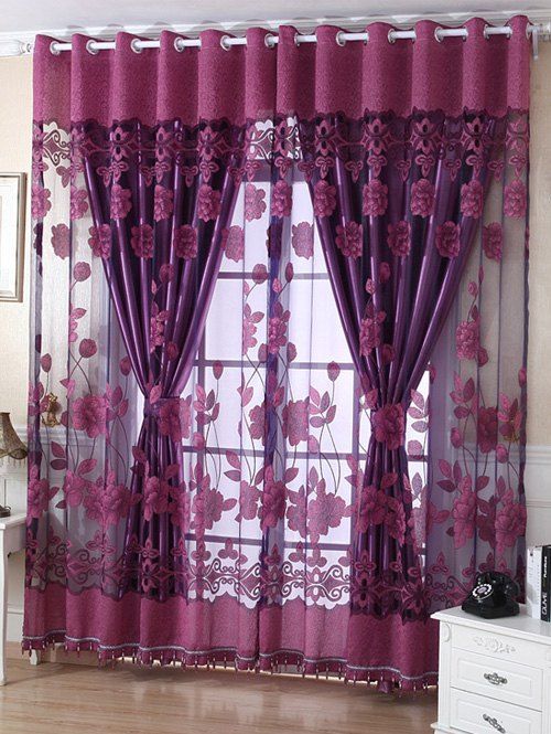 

1Pcs Grommet Roller Floral Window Tulle, Violet