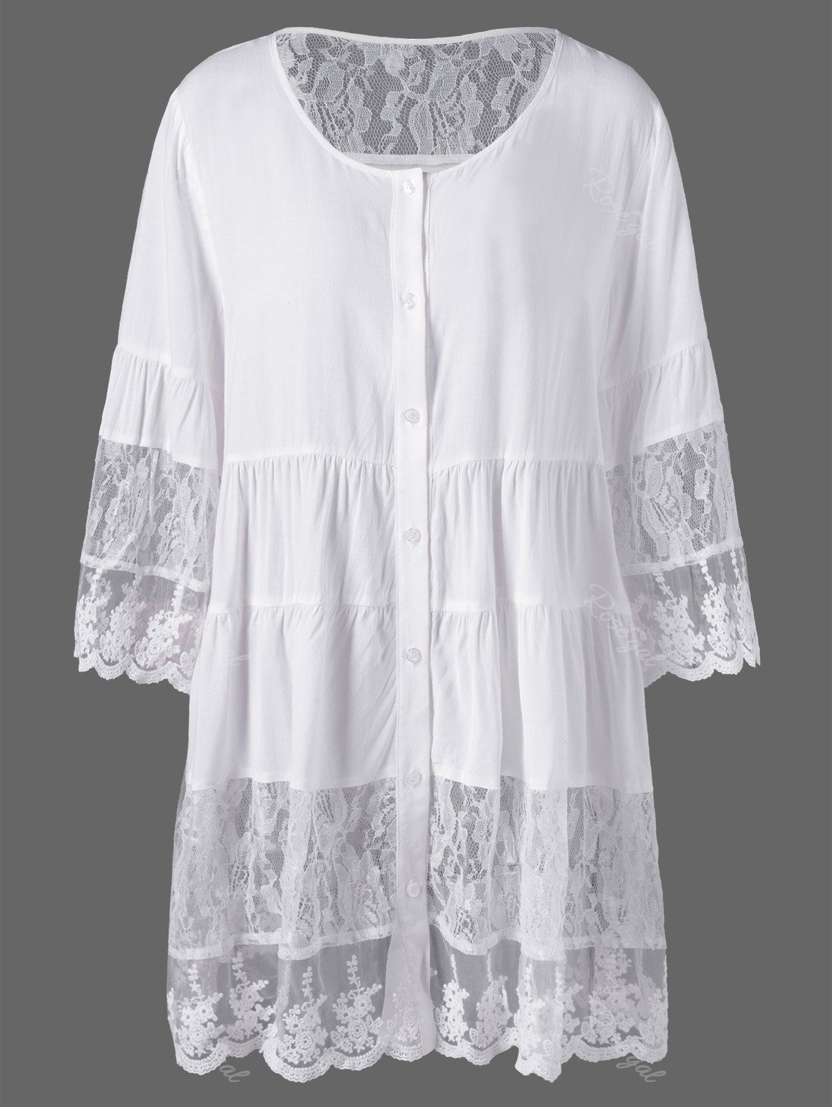 

Plus Size Lace Insert Scalloped Button Up Blouse, White