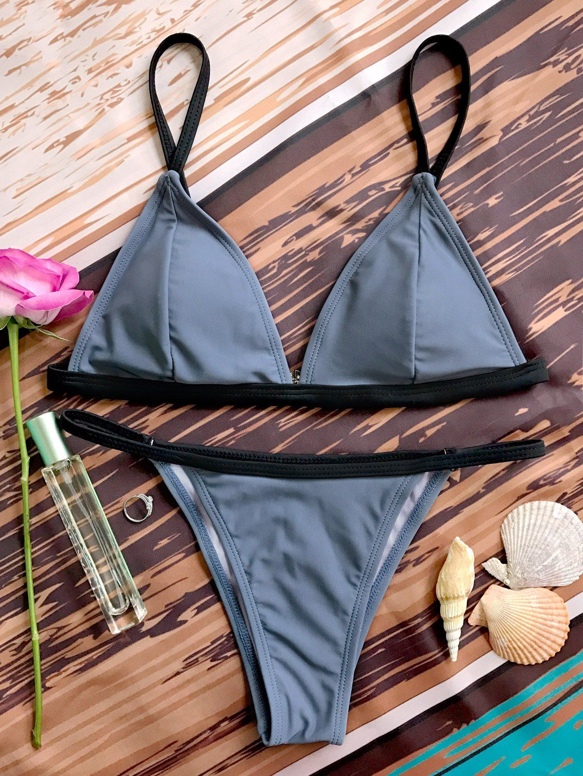 

Bicolor Plunge V String Bikini, Gray