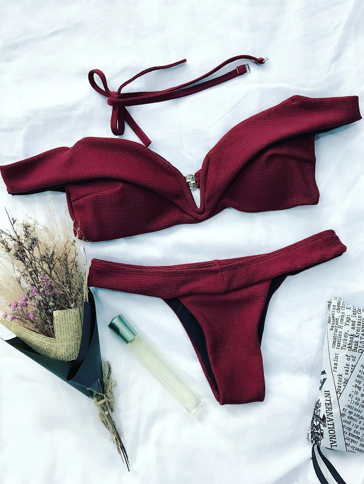 

V Plunge Off The Shoulder Bikini Set, Burgundy