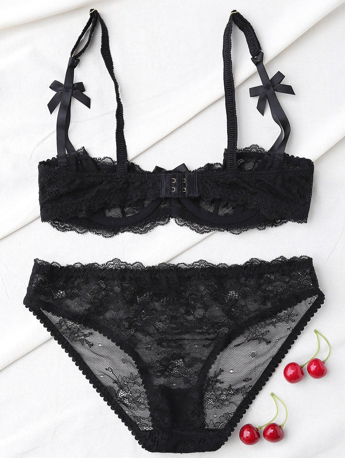 [23 OFF] Sheer Lace Shelf Demi Bra Set Rosegal